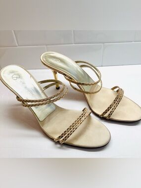 ST. JOHN sz 9B satin strappy heels in gold/metallic (very good condition)